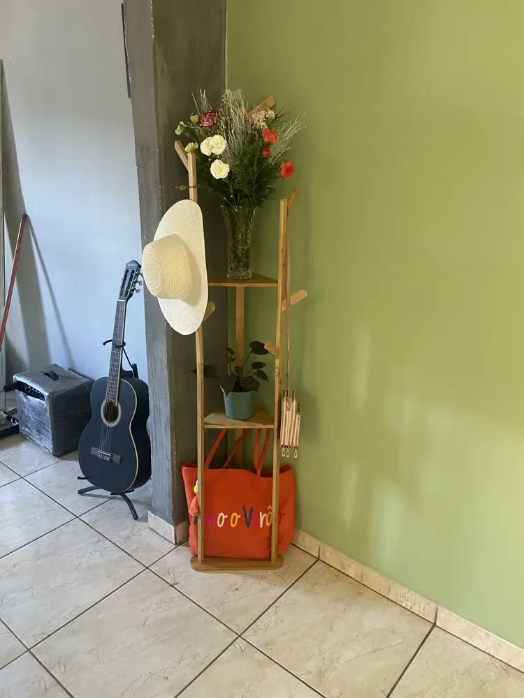 foto de Mancebo Cabideiro Bambu Chão Arara Roupas Prateleira 165cm Bambu Marrom