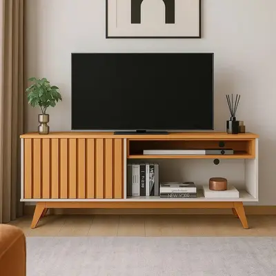foto de Rack Para Tv 55 Polegadas Bancada Off-white/nature Ripado
