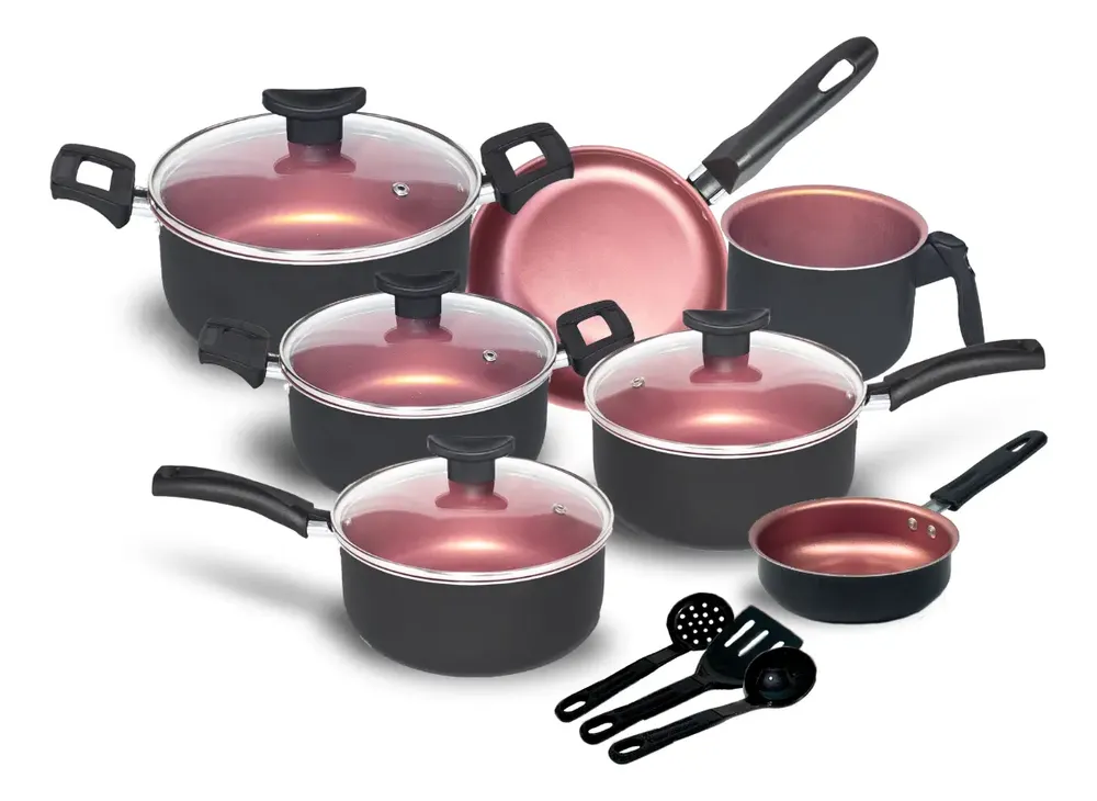 Jogo De Panelas Antiaderente 10 Peças Teflon Cores Cor Preto E Rose