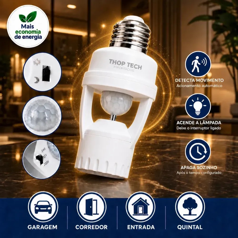 Sensor De Presença Iluminação Lâmpada Soquete E27 Fotocélula Thop Tech Importados