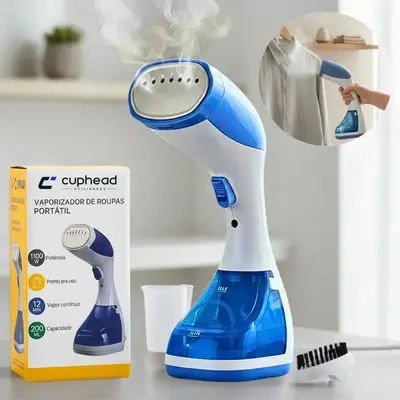 foto de Vaporizador De Roupas Portátil Passadeira A Vapor Vertical Higienizador Limpeza Ferro Passar Tira Pelos Cuphead