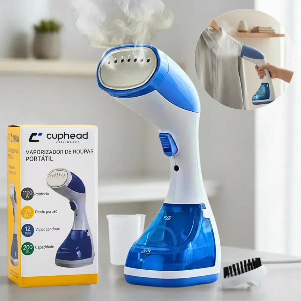 Vaporizador De Roupas Portátil Passadeira A Vapor Vertical Higienizador Limpeza Ferro Passar Tira Pelos Cuphead