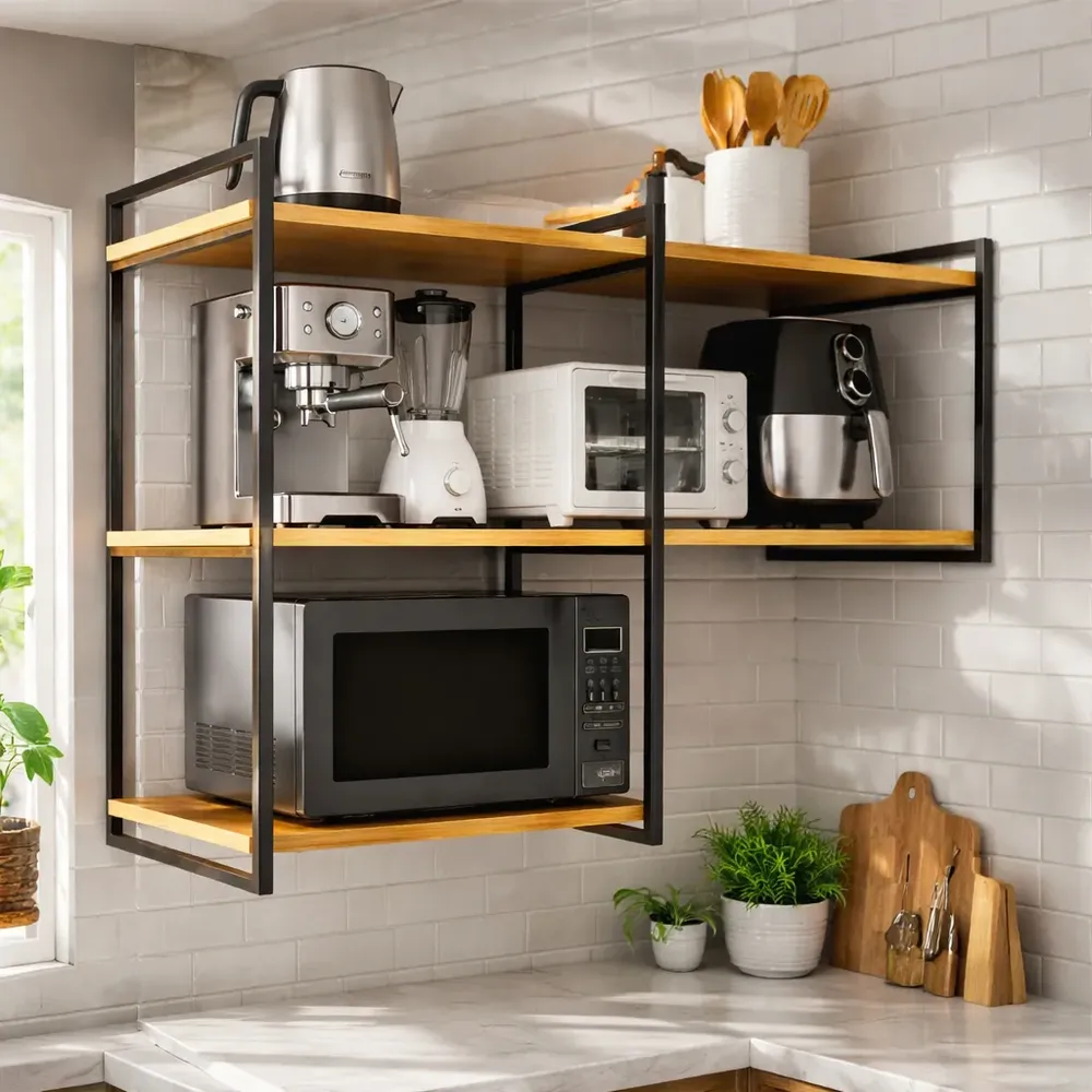 foto de Prateleira Industrial Tripla 120x40x84 Suporte Metal para Micro-ondas