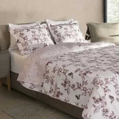 foto de Kit Cobre Leito Colcha King 3 Peças Boutis Dupla Face Porta Travesseiro Aba Americana - Sofia Rose