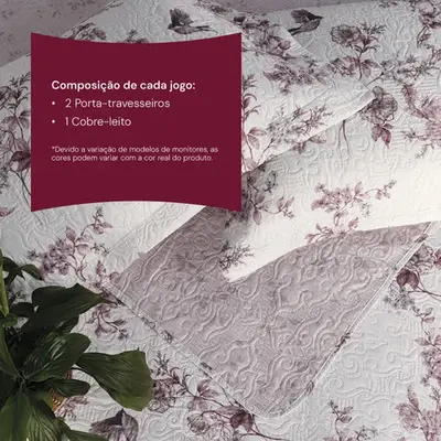 foto de Kit Cobre Leito Colcha King 3 Peças Boutis Dupla Face Porta Travesseiro Aba Americana - Sofia Rose