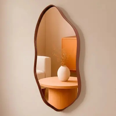 foto de Espelho Orgânico 60x40 Decorativo Moldura Couro Moderno Sala Quarto Banheiro