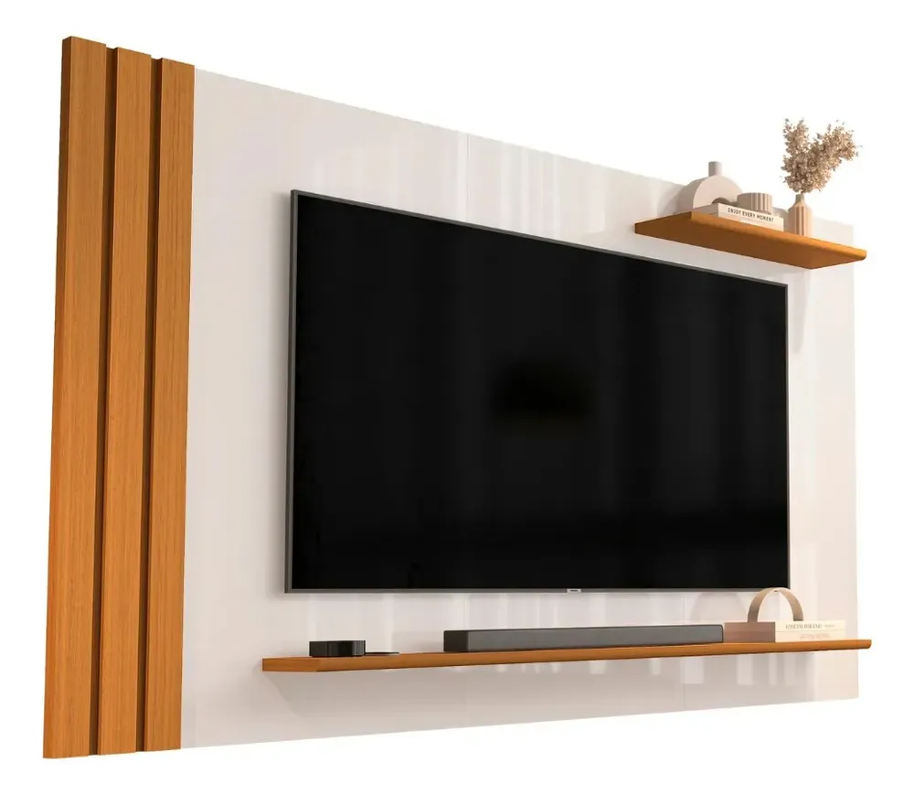 foto de Painel Para Tv Até 55 Polegadas Ripado Com Prateleiras Aden Off White/madeirado