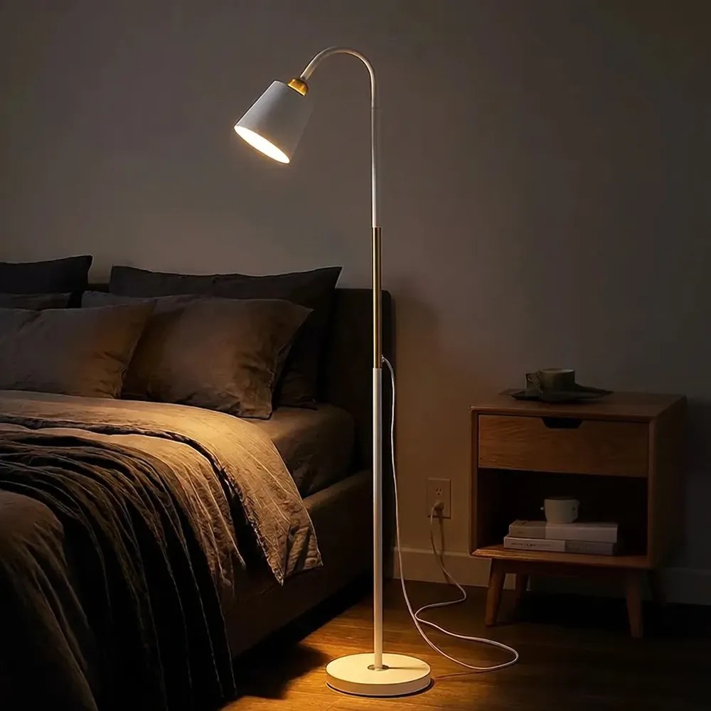 Luminária Abajur Metal Articulada Pedestal Chão Coluna Leitura Cúpula Branco Flexivel