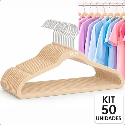 foto de Kit 50 Cabides Veludo Bege Antideslizante Slim Irsina Aço Inox