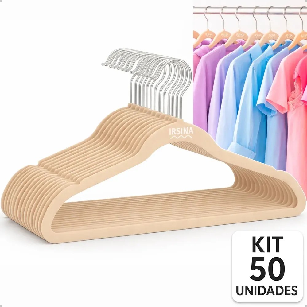 Kit 50 Cabides Veludo Bege Antideslizante Slim Irsina Aço Inox