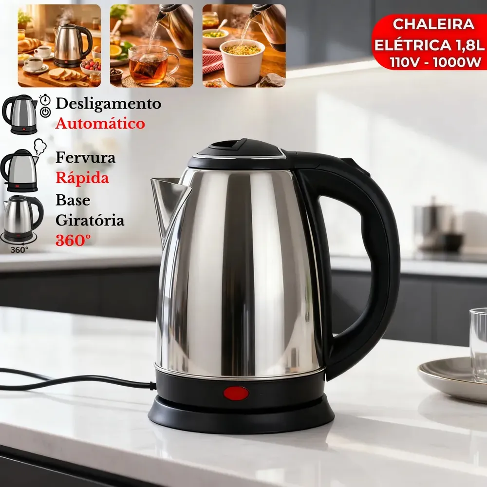 foto de Chaleira Elétrica Inox 1.8l Com Tampa Jarra Bule Café Chá Desligamento Automático Ferve Água Rápido