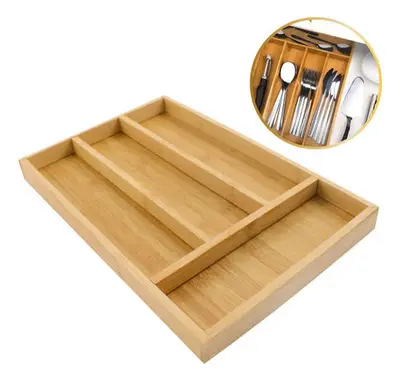foto de Porta Talheres Organizador Bambu Divisórias Gaveta Cozinha Madeira