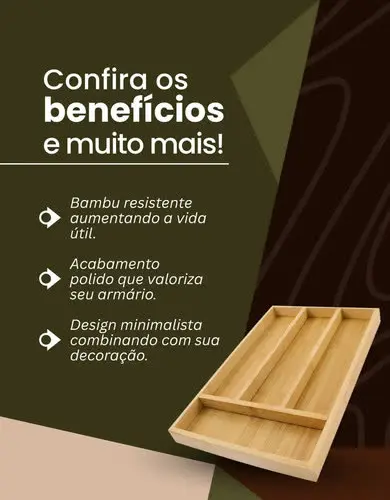 foto de Porta Talheres Organizador Bambu Divisórias Gaveta Cozinha Madeira