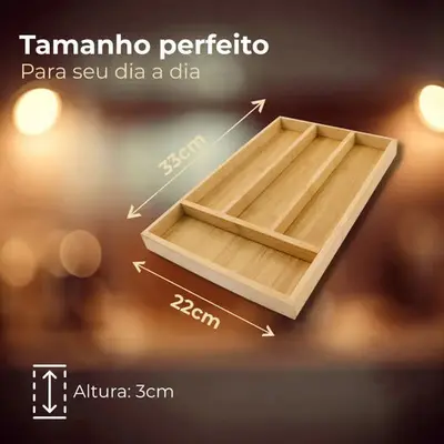 foto de Porta Talheres Organizador Bambu Divisórias Gaveta Cozinha Madeira
