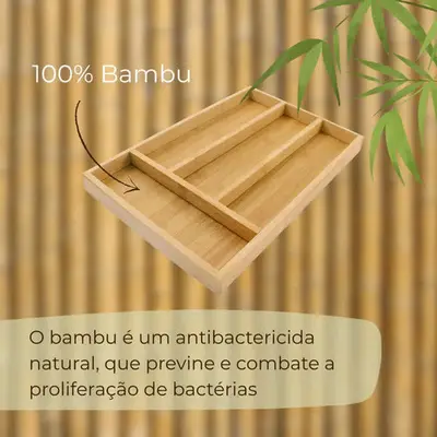 foto de Porta Talheres Organizador Bambu Divisórias Gaveta Cozinha Madeira