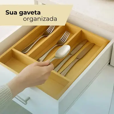 foto de Porta Talheres Organizador Bambu Divisórias Gaveta Cozinha Madeira