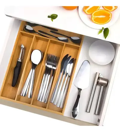foto de Porta Talheres Organizador Bambu Divisórias Gaveta Cozinha Madeira