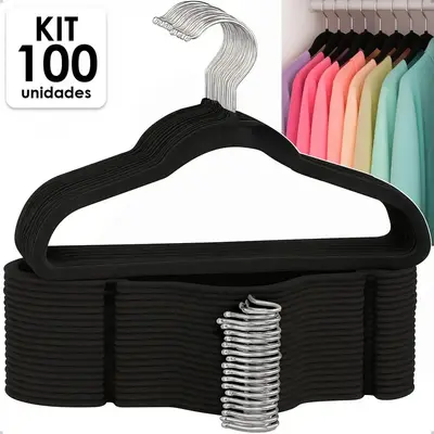 foto de Kit 100 Cabides Veludo Preto Antideslizante Slim Irsina Gancho Giratório De Aço Inox