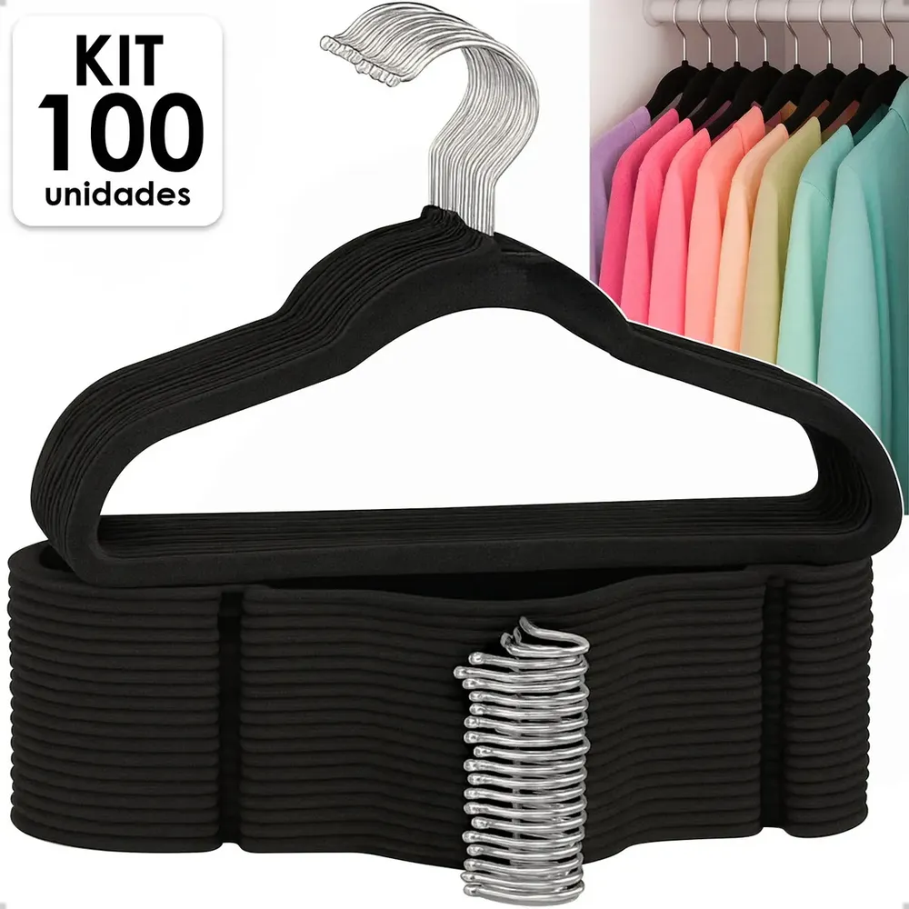 Kit 100 Cabides Veludo Preto Antideslizante Slim Irsina Gancho Giratório De Aço Inox