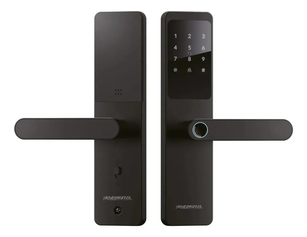Fechadura Digital Eletrônica Biométrica NovaDigital Fusion Embutir Wifi Tuya App Senha Cartão TAG Chave Inteligente Preta