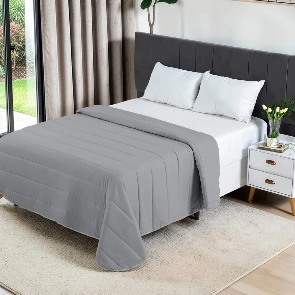 Edredom Casal Queen Micropercal 400 Fios Cama Kit Conforto Cinza Liso