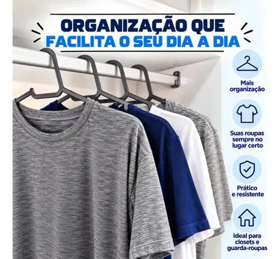 foto de Kit 50 Cabide Adulto Preto Organizador Roupa Reforçado
