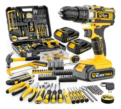 foto de Parafusadeira Furadeira De Impacto The Black Tools Com Maleta + Kit Acessórios 147 Peças 2 Baterias Profissional Tbkit17