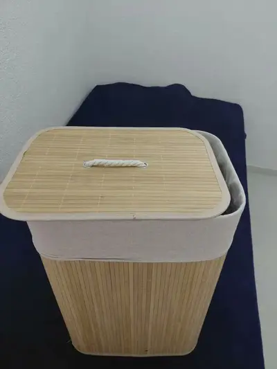 foto de Cesto De Roupa Suja Em Bambu 72l Retangular Dobravel Tampa E Alça Reforçada Pítia