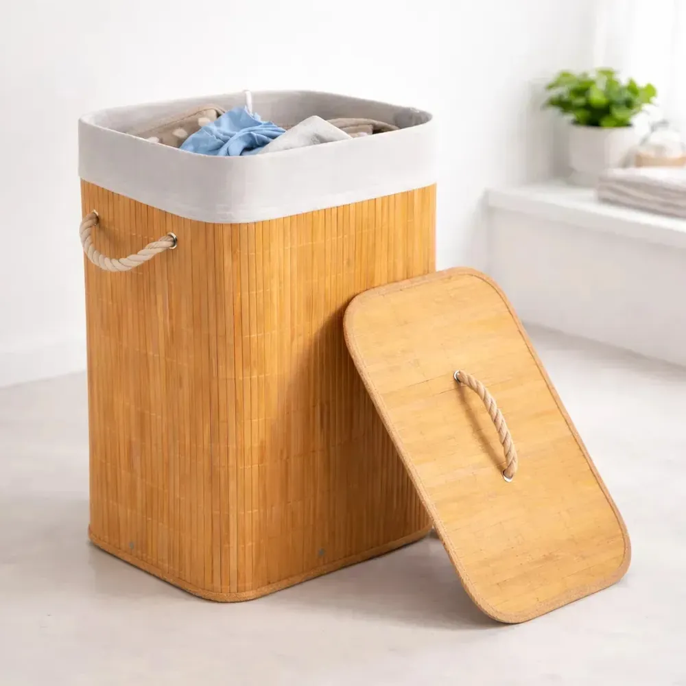 Cesto De Roupa Suja Em Bambu 72l Retangular Dobravel Tampa E Alça Reforçada Pítia