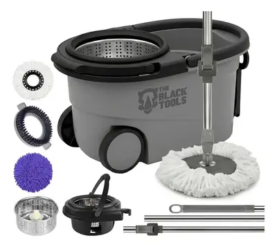 foto de Mop The Black Tools Mop 360° Giratório TBBL04 Com Balde Centrífuga Inox Cinza Cabo Longo Alça Roda Com 3 Refis