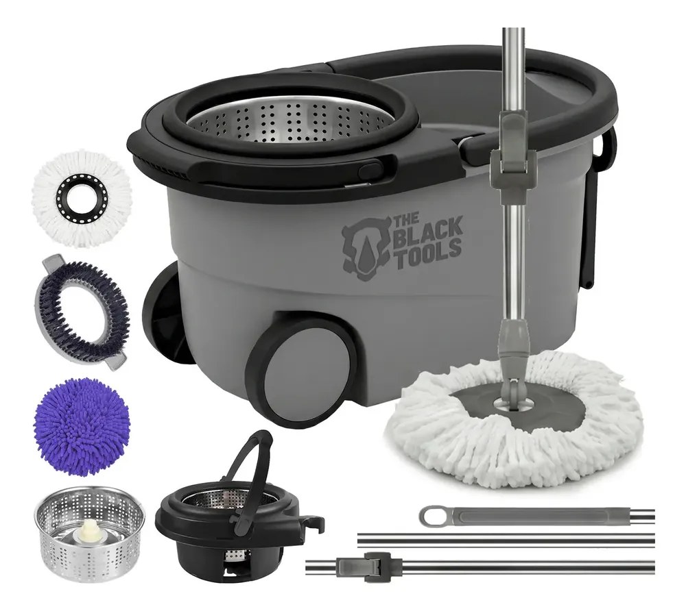 Mop The Black Tools Mop 360° Giratório TBBL04 Com Balde Centrífuga Inox Cinza Cabo Longo Alça Roda Com 3 Refis