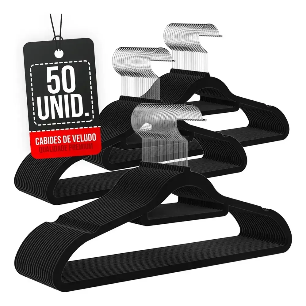 Kit 50 Cabides Veludo Preto Antideslizante Ultra Fino Adulto