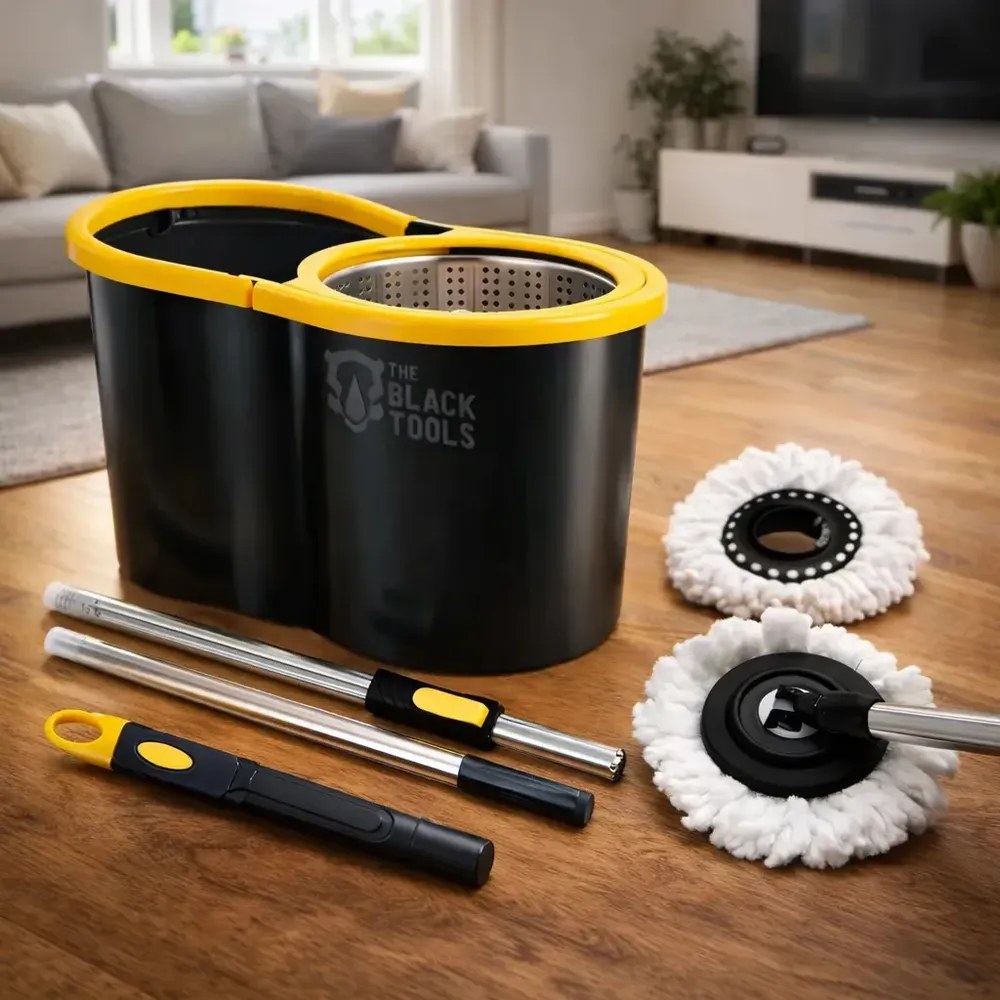 Esfregão Mop Giratório 360 Cesto Inox Centrífuga Balde 8 Litros Com 2 Refis Microfibra Preto TBBL02 The Black Tools