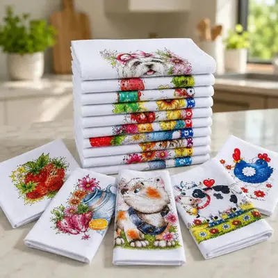 foto de Kit Com 10 Panos De Prato De Algodão Estampado Grande Para Cozinha E Limpeza