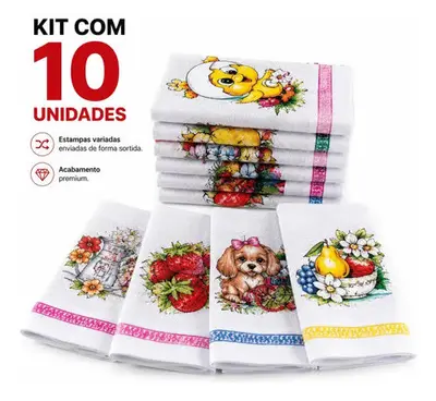 foto de Kit Com 10 Panos De Prato De Algodão Estampado Grande Para Cozinha E Limpeza