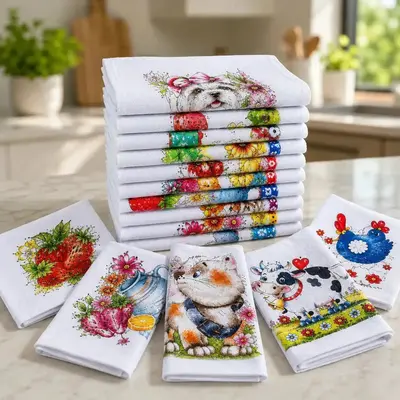 foto de Kit Com 10 Panos De Prato De Algodão Estampado Grande Para Cozinha E Limpeza