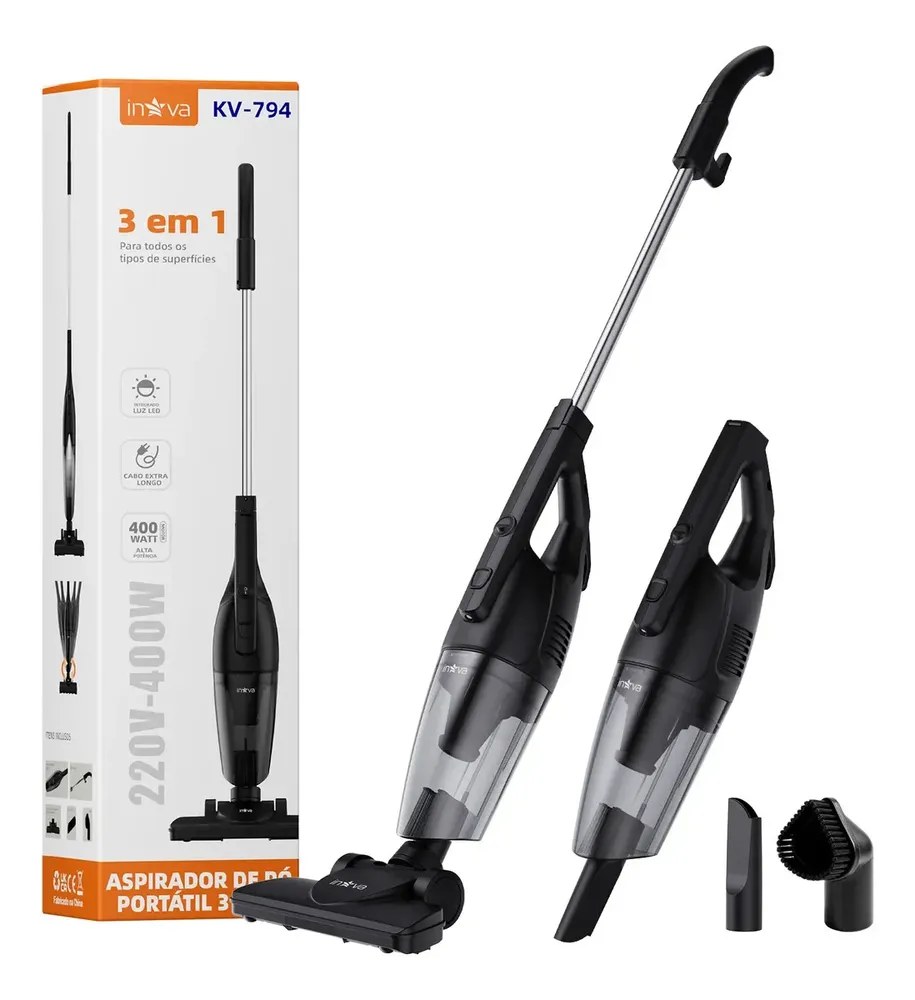 Aspirador de Pó 3 Em 1 Inova KV-79 De 400W,13000PA Capacidade De 700ml, Modelo Plus De Alta Velocidade. Versátil (vertical e manual), Equipado Com Filtro HEPA E Tecnologia Ciclônica De Alta Eficiência