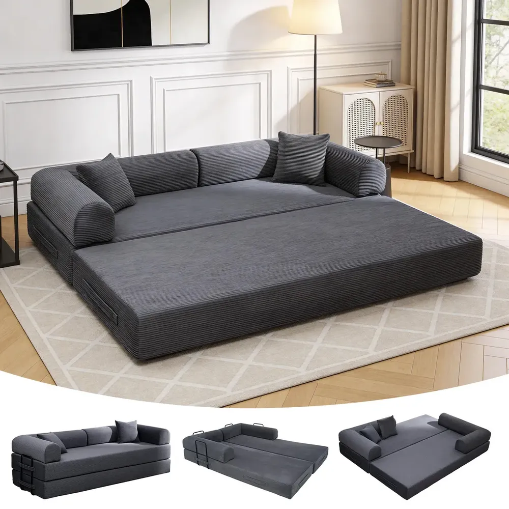 Sofá Cama Modular de Veludo Cotelê Cinza p/ 3 Pessoas, Com Espuma de Alta Densidade e Capa Removível