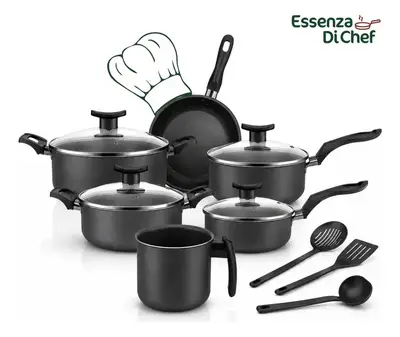 foto de Conjunto De Panelas 9 Peças Antiaderente Com Tampa De Vidro E Utensílios Fogão A Gás Preto