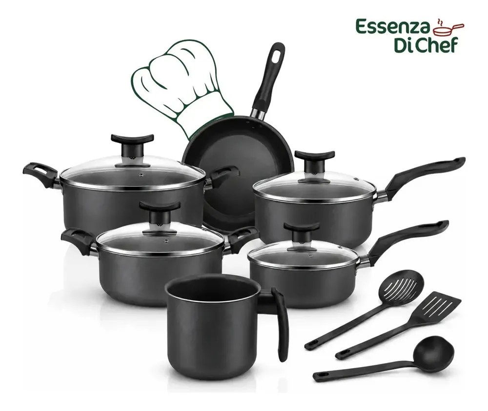Conjunto De Panelas 9 Peças Antiaderente Com Tampa De Vidro E Utensílios Fogão A Gás Preto