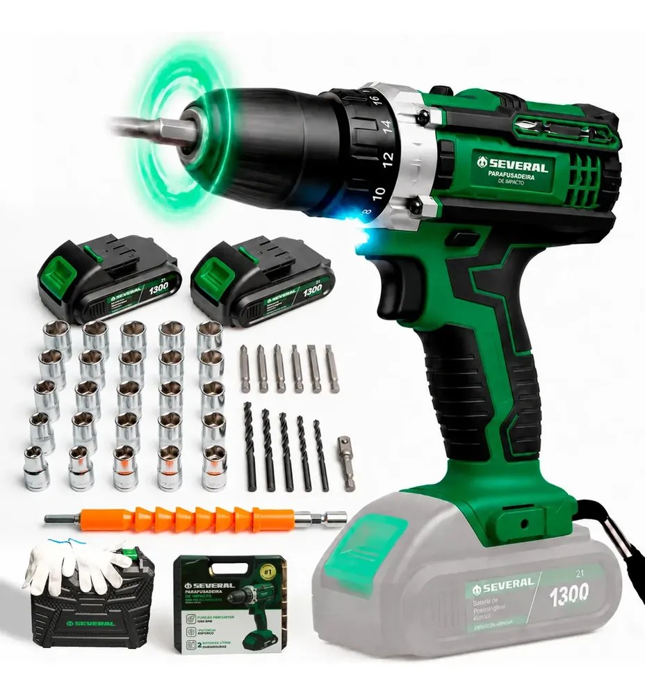 Parafusadeira Furadeira 21v 1300mah Com 2 Baterias Recarregável Sem Fio Maleta Completa Several Importados