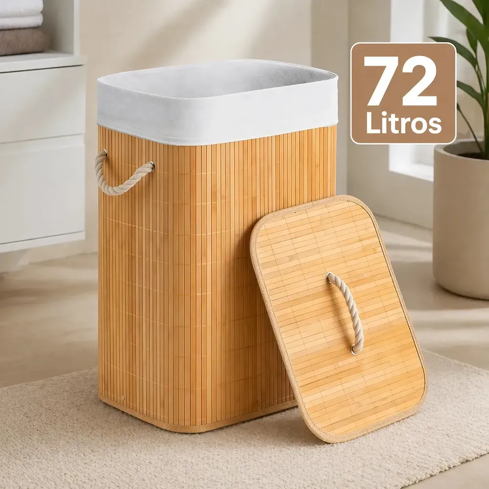 Cesto Organizador De Roupa Suja Bambu 72l Dobrável Grande Bambu