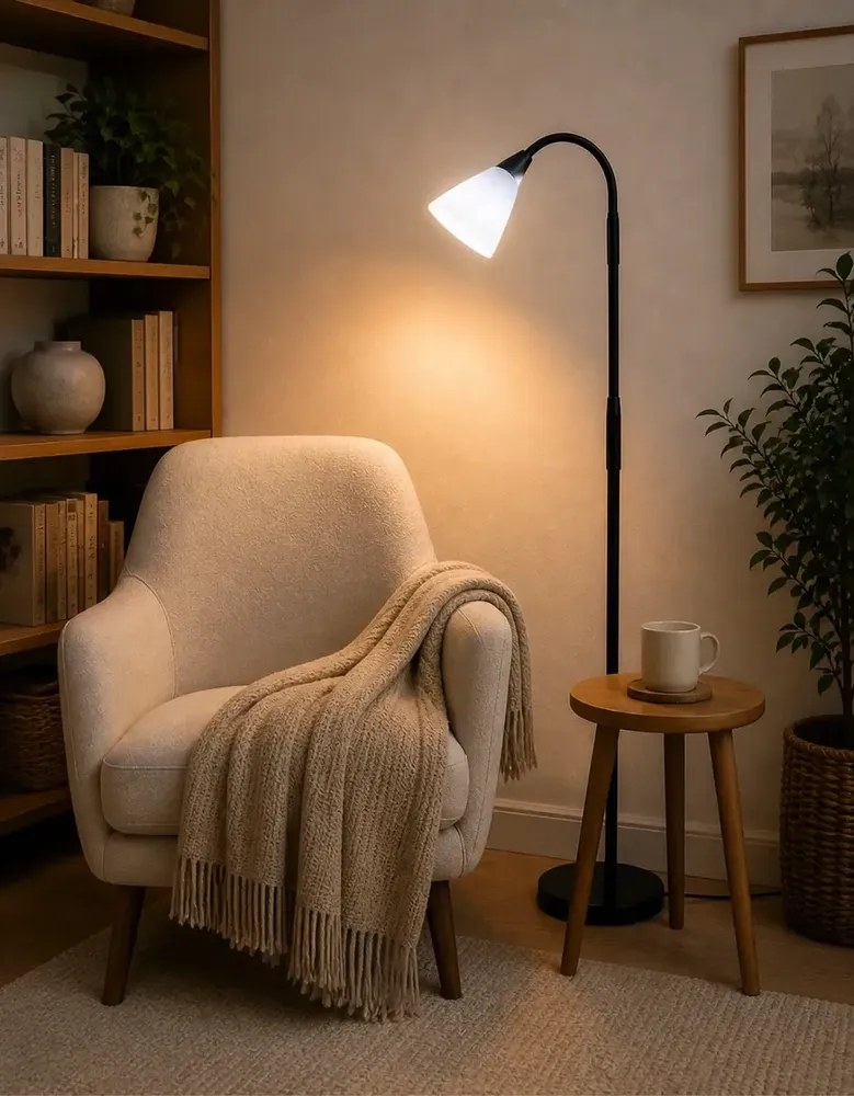Luminária De Chão Abajur Articulada 1,6m Metal Pedestal Piso Coluna Preta Leitura Quarto Sala Cúpula Branco Flexivel 1,6m Bivolt Bravvi
