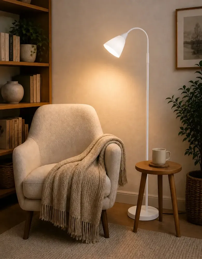 Luminária De Chão Abajur Articulada 1,6m Metal Pedestal Piso Coluna Branca Leitura Quarto Sala Cúpula Branco Flexivel 1,6m Bivolt Bravvi