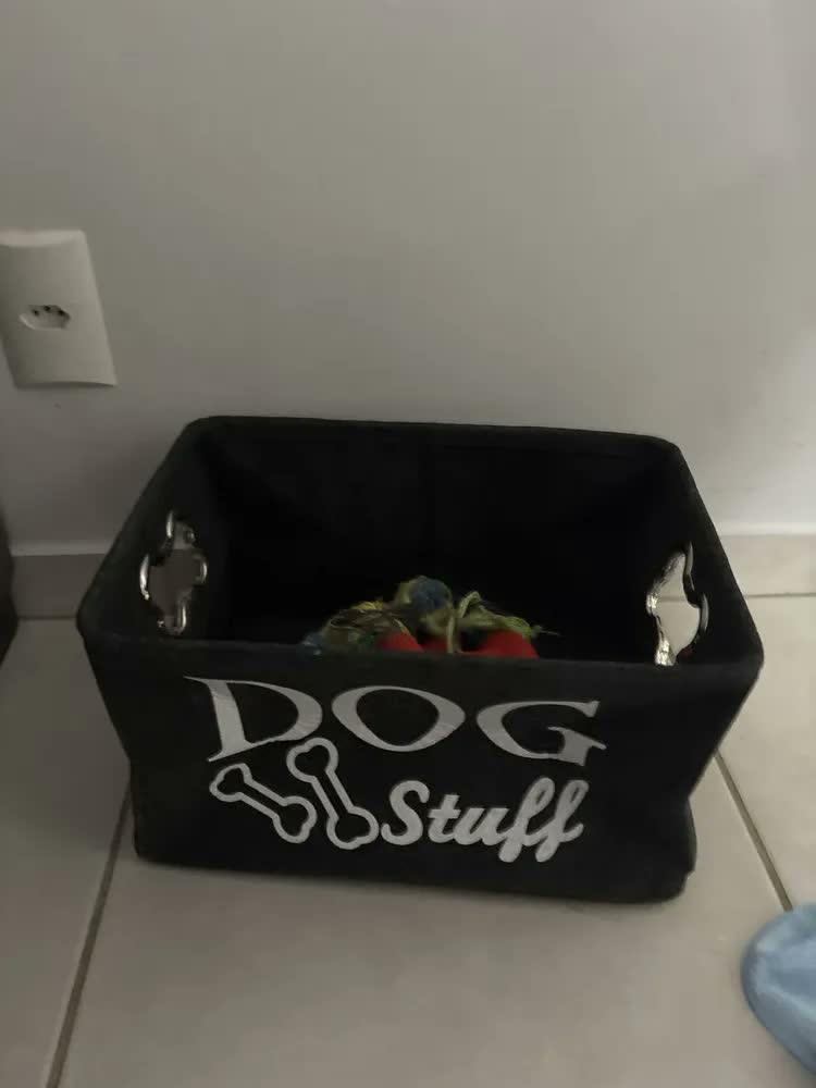 foto de Caixa Cesto Organizador Brinquedos Pet Gatos Cachorro Grande Preto Dog Stuff (estampa Texto Ossos)