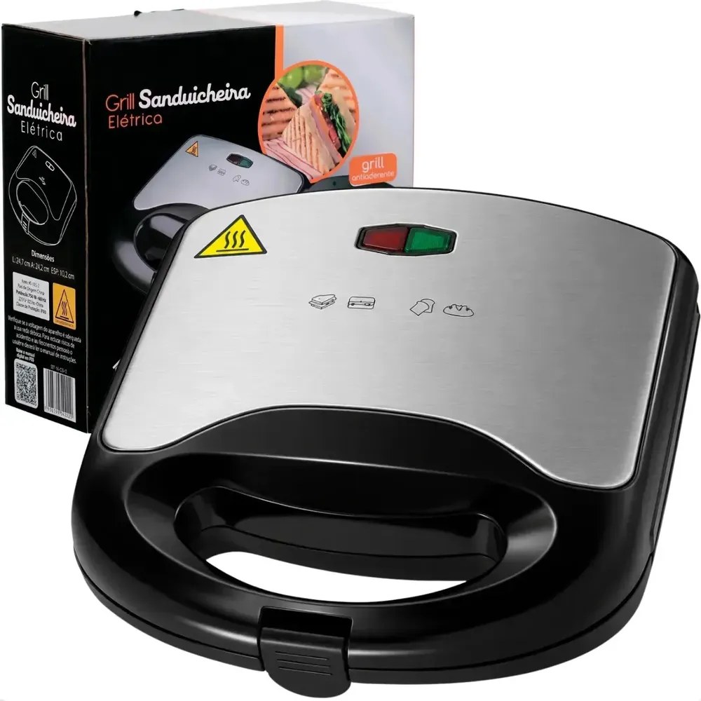 Sanduicheira Elétrica Luxe Grill 2 Em 1 Antiaderente Multiuso Compacta 750w Inox 110v Ex Decor