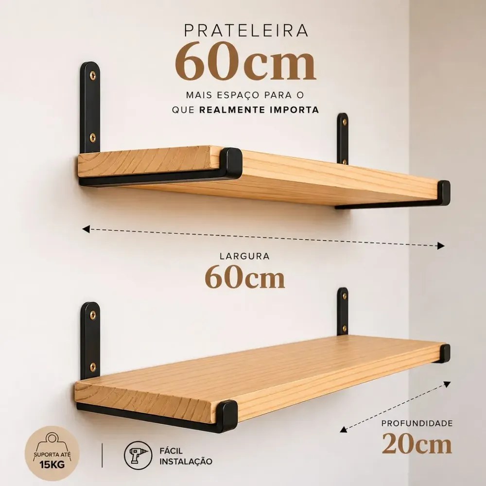 Kit 2 Prateleiras 60x20cm Madeira Maciça Premium Decorativa Preto/madeira