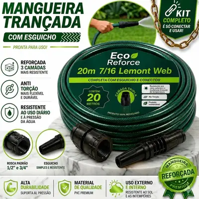 foto de Mangueira Jardim 20m Metros Com Esguicho Trançada Reforçada Flexível 7/16 Anti Dobra Irrigação Quintal Poço Lavagem Durável