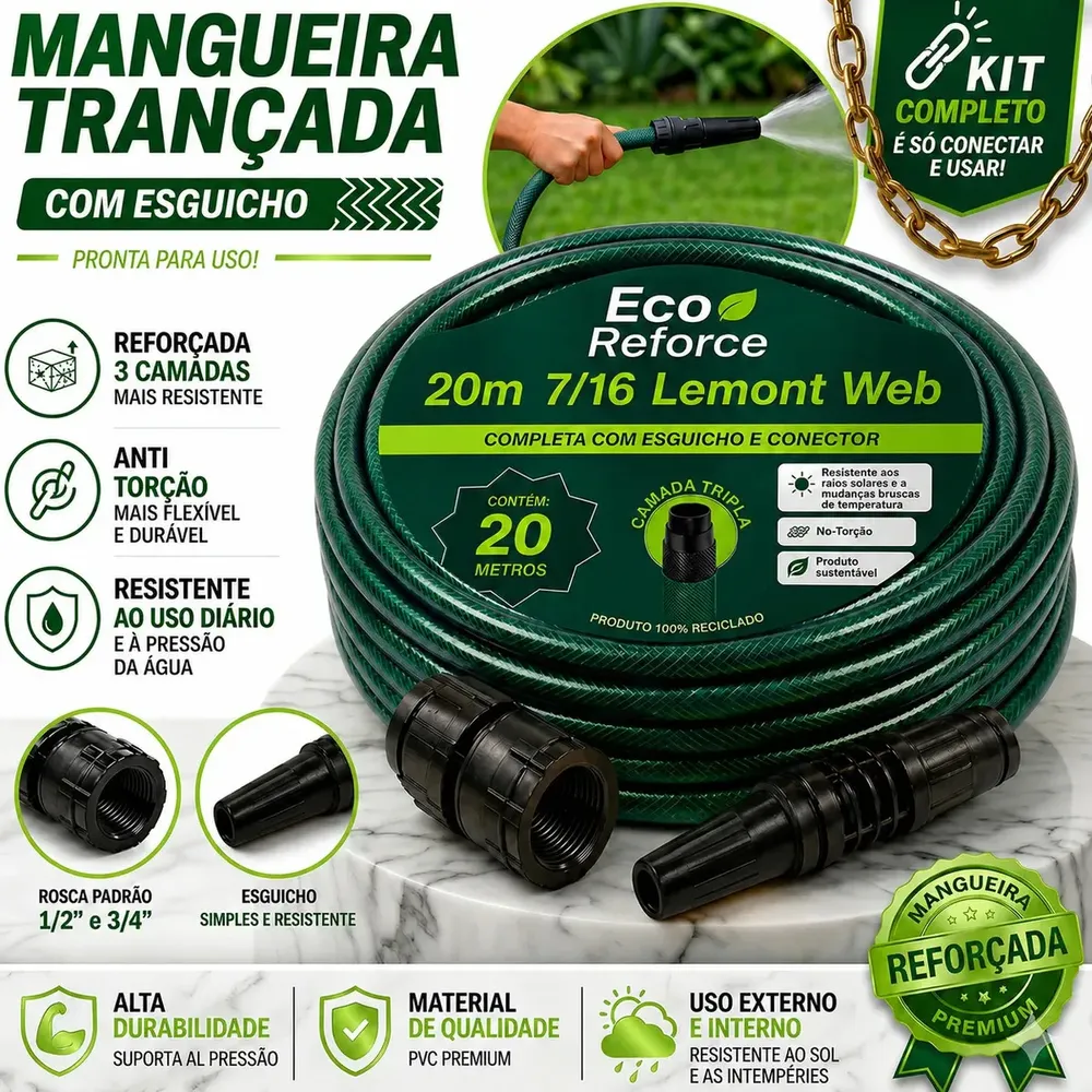 foto de Mangueira Jardim 20m Metros Com Esguicho Trançada Reforçada Flexível 7/16 Anti Dobra Irrigação Quintal Poço Lavagem Durável