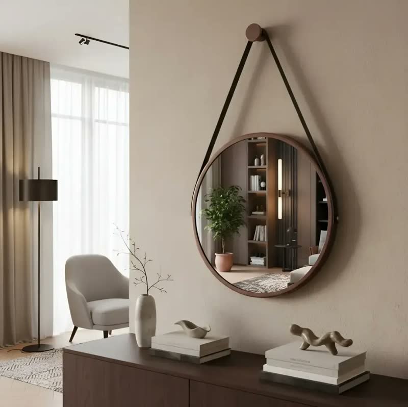 foto de Espelho Redondo Decorativo Suspenso Alça 60cm Cores Premium Preto | Alça Marrom